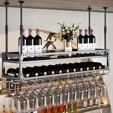 Imagem de Prateleira de vinho suspensa com suporte de vidro, barra de teto de metal ajustável, prateleira de copo de vinho montada na parede industrial, suporte de garrafa de ferro, prateleira de armazenamento
