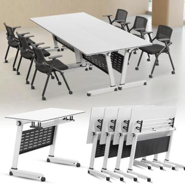 Imagem de ZDJZMGZ Mesa de sala de conferências, pacote com 4 mesas de conferência dobráveis para reuniões, mesa de reunião de seminário dobrável moderna com rodas silenciosas, mesa de treinamento branca móvel