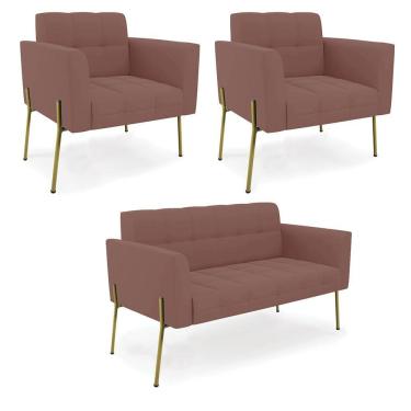 Imagem de Sofá Namoradeira E 2 Poltronas Pé De Ferro Dourado Elisa Veludo D03 - D'rossi Cor Rose