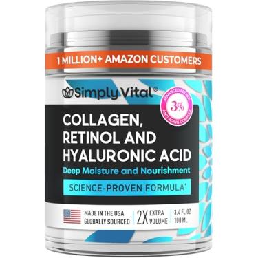 Imagem de SimplyVital Creme de colágeno, retinol e ácido hialurônico - creme de retinol antienvelhecimento para rosto, pescoço e decote - Feito nos EUA - Creme hidratante facial diário - 100 ml