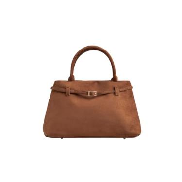 Imagem de Base'ic Bolsa feminina de camurça – Bolsa de ombro de camurça sintética despojada, bolsa de mão moderna de grande capacidade para trabalho e viagem, Marrom (ferragens douradas), Large