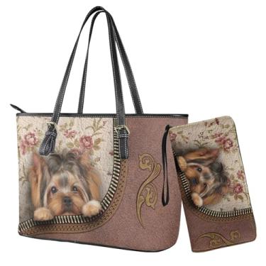 Imagem de Sannovo Conjunto de bolsa e carteira feminina de couro, bolsas de ombro com carteira, bolsas de ombro grandes para viagens, Brown-yorkshire Terrier Peony