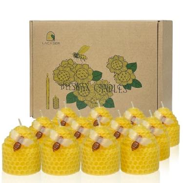 Imagem de Lacaser Conjunto de 12 velas de cera de abelha, velas de abelha com enfeites de abelha pequena, presente temático de abelha, sem cheiro, sem fumaça e sem gotejamento, diâmetro 4,5 cm x 5 cm cada,