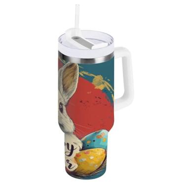Imagem de ATTX Copo de coelho fofo da Páscoa de 850 g com alça, copo de aço inoxidável a vácuo de parede dupla com palha, caneca de café de viagem isolada #102