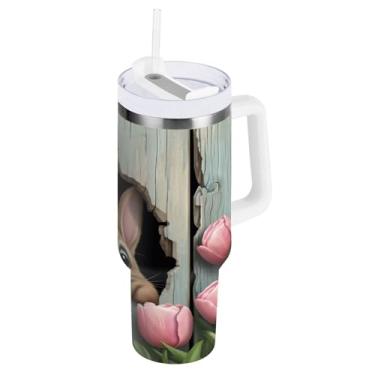 Imagem de ATTX Copo de coelho da Páscoa de 850 g com alça, copo de aço inoxidável a vácuo de parede dupla com palha, caneca de café de viagem isolada #189