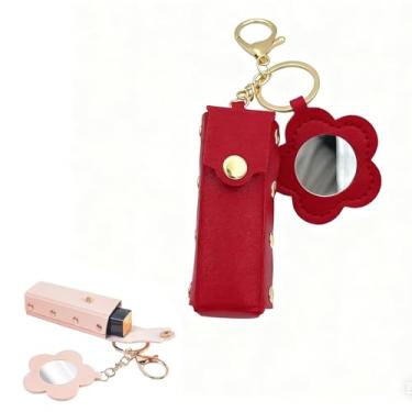 Imagem de Porta-chaves de batom portátil – Protetor labial espelhado em forma de coração, mangas protetoras de couro, suporte de batom para mulheres, viagens, armazenamento de maquiagem, Vermelho, Estojo de