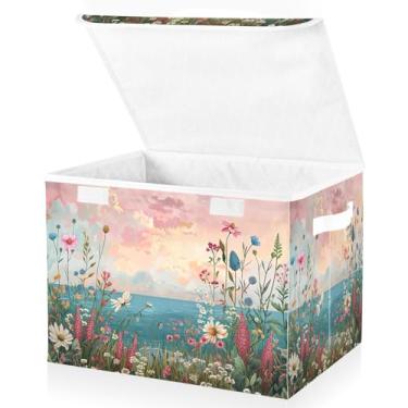 Imagem de Blueangle Caixas de armazenamento dobráveis 1 pacote, cestas de armazenamento de flores silvestres com tampas e alça para casa quarto armário escritório (143)
