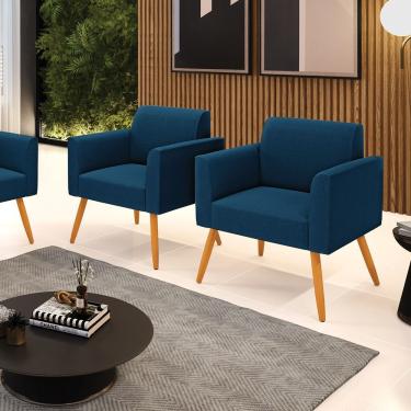 Imagem de Poltrona Sala Estar Pé Palito Castanho Kit 2 Marisa Bouclê Cor Azul