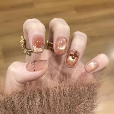 Imagem de Unhas postiças curtas médias quadradas francesas olho de gato com laço de borboleta simples strass Desien cobertura completa cola acrílica falsa em unha para mulheres, 30 peças