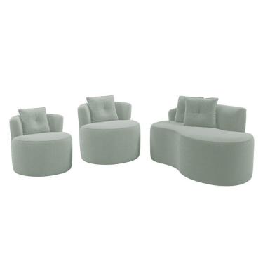 Imagem de Kit Sofá E 02 Poltronas Orgânicas Living Bob Com Almofadas Bouclê Verde Menta - Desk Design