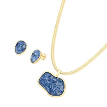 Imagem de POSSEBON NATURAL STONES Conjunto de colar e brinco de cianita azul banhado a ouro 14k – Presente de joia de pedra natural – Conjunto elegante – Coleção de fragmentos naturais