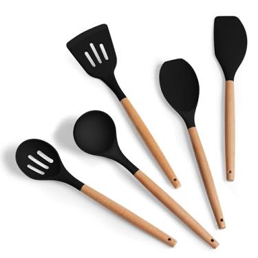 Imagem de Herogo Conjunto de 5 peças de utensílios de cozinha, conjunto de utensílios de cozinha de silicone com cabo de madeira, ferramentas de cozinha resistentes ao calor, espátula, colher para panelas