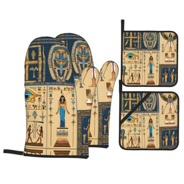 Imagem de Série Tribo do Egito Antigo - Conjunto de luvas de cozinha estampadas com suportes de tampa, luvas de forno resistentes ao calor para lidar com panelas quentes, grelhar, churrascos, kit de 4 peças.