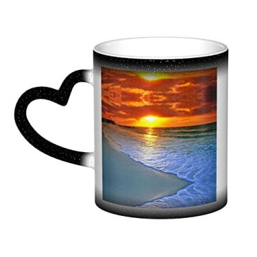 Imagem de Copo de café divertido de praia com pôr do sol, copo de cerâmica com mudança de cor sensível ao calor 12 Oz, para café/chá/leite/cacau, para adolescente/aniversário/festival/presentes