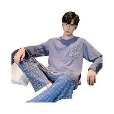 Imagem de Conjunto De Pijamas Masculinos De Manga Longa Em Xadrez Para Outono E 