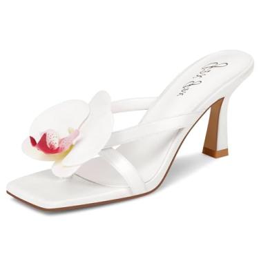 Imagem de GPXGPX Sandálias femininas de salto de gatinho com flores confortáveis, sem cadarço, bico aberto, verão, casamentos, festas, praia, salto floral, Branco, 40
