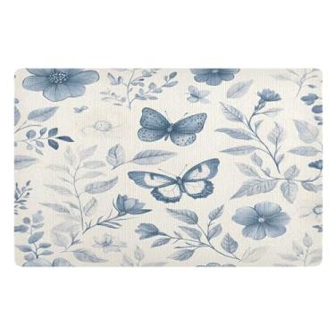 Imagem de STAYTOP Capacho retrô azul branco com flores e borboletas 81 x 50 cm, tapete de boas-vindas para ambientes internos, tapetes de banho fofos, capacho frontal antiderrapante para entrada, pátio, áreas