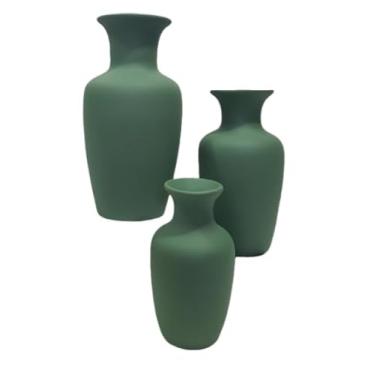 Imagem de Conjunto 3 Peças Kit Enfeite Cerâmica Vasos Sala Completo Decorativas Trio Rack Centro Mesa Colorido(VERDE ESCURO LISO JAD)