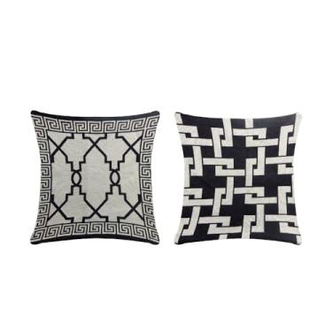 Imagem de Capa de Almofada Jacquard Arabesco Dupla Face 45x45cm Grécia Preto com Zíper Quadrado 60% Algodão Estilo Contemporâneo Geométrico