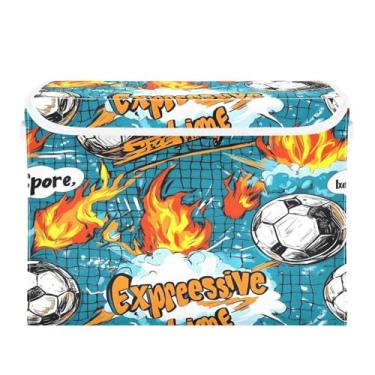 Imagem de STAYTOP Cesto de armazenamento dobrável de futebol de desenho animado com tampa, caixa de armazenamento decorativa, organizador de cubos, cestas de armazenamento para quarto, armário e sala de estar