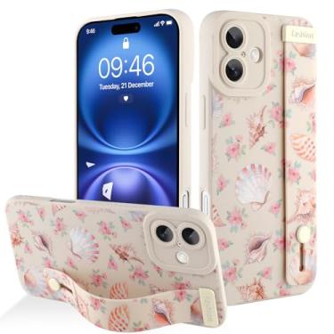 Imagem de AIGOMARA Capa para iPhone 16 Plus com alça para mulheres e meninas, linda estampa de flores de concha do mar, capa protetora de silicone com suporte de faixa macia, branca