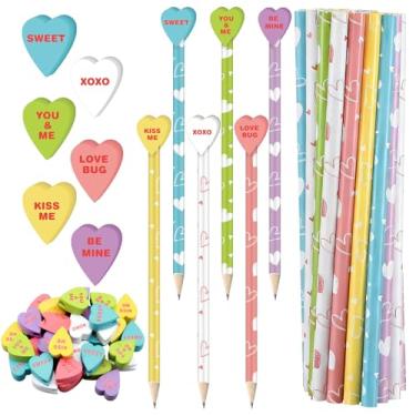 Imagem de Mooliwe 36 conjuntos de lápis de impressão de coração, borrachas em forma de coração, 72 peças de lápis HB fofos, mini borrachas a granel para estudantes, escola começa em sala de aula, dever de casa