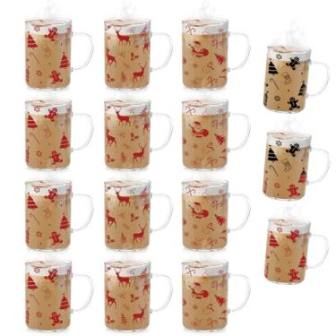 Imagem de Honeydak 12 peças de canecas de café que mudam de cor de Natal 473 ml canecas de vidro com alça de alce pão de gengibre homem árvore meias padrão xícaras de café decoração de festa de Natal presentes