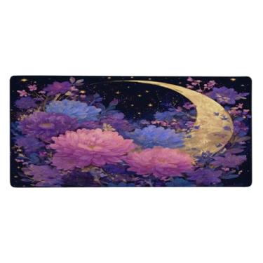 Imagem de Tapete de mouse grande com flor roxa e lua, impermeável, protetor de mesa estendido para computador, base de borracha antiderrapante para escritório, computador, teclado, laptop e mesa de casa, mouse