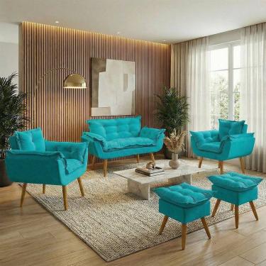 Imagem de Kit Namoradeira 2 Poltronas e 2 Puffs Confortável Para Sala Recepção Manicure Consultório Alice Suede