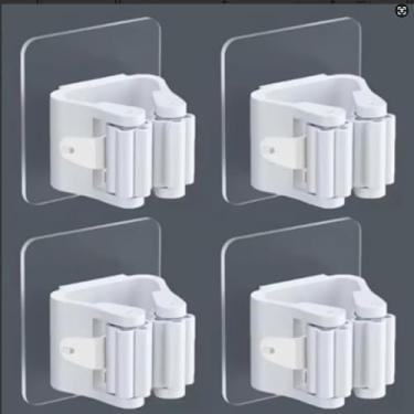 Imagem de 4 peças de gancho de suporte de vassoura para montagem na parede, sem perfuração, clipes autoadesivos para esfregão montados na parede, fácil instalação, organização que economiza espaço para banheiro