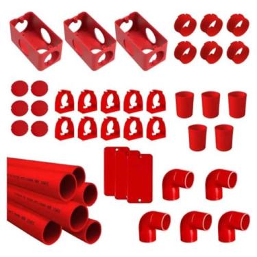 Imagem de Kit Completo Elétrica Aparente 3/4" com Placa Cega, 36 Peças, Abraçadeira Adaptador Caixa Joelho Luva e Eletroduto (Vermelho)