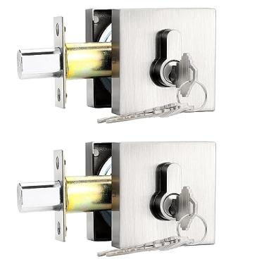 Imagem de Probrico Fechaduras de cilindro duplo com chave (pacote com 2) fechaduras de entrada e porta da frente Conjunto quadrado de níquel escovado com as mesmas chaves, ferragens antifurto para porta interna