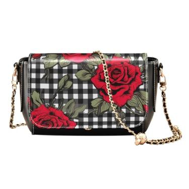 Imagem de Red Roses on Checkerboard Bolsas tiracolo femininas de couro preto e branco, bolsas de couro para mulheres modernas, Rosas vermelhas no tabuleiro xadrez preto e branco 1, One Size