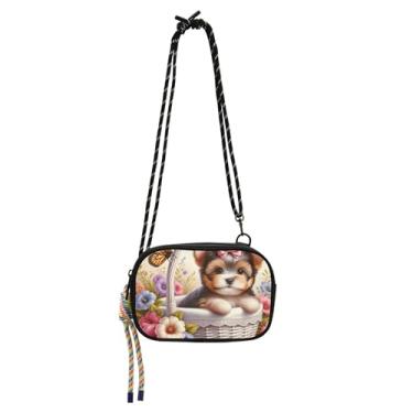 Imagem de TSENQUE Bolsa pequena para mulheres, bolsas transversais, bolsas para celular, pochete de viagem sobre os ombros, terrier, cão, fofo, floral