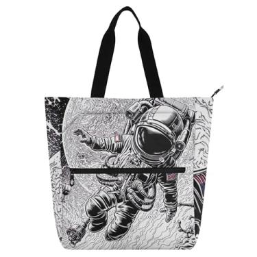 Imagem de GAIGEO Astronaut Space Black White Work Tote Bag para mulheres lona praia livro saco zíper tecido presente para amantes de livros bolsas