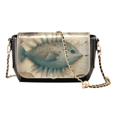 Imagem de GAIGEO Bolsa tiracolo de couro Cat Lying on a Pizza on Water, bolsa de ombro de couro, bolsa transversal de couro para mulheres, Peixe baiacu vintage envelhecido marinho, One Size