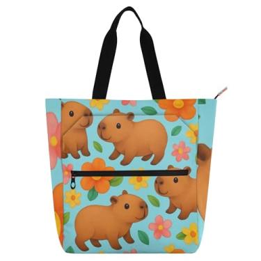 Imagem de GAIGEO Linda bolsa de trabalho azul capivaras de desenho animado para mulheres bolsa de lona para livros de praia com zíper bolsas médias com compartimentos