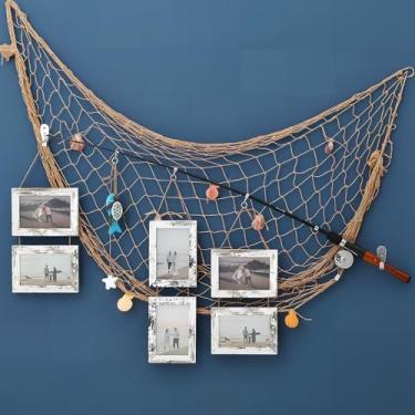 Imagem de Porta-retrato de vara de pesca de madeira com decoração de rede de pesca, design de vara de pesca real de 43 cm com seis molduras de 15 cm x 10 cm, 198 cm x 99 cm, moldura de peixe natural e fazenda