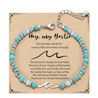 Imagem de QILMILY Pulseira de onda/laço/cruz para mulheres, pulseiras coloridas com contas de pedra natural, presente de amizade exclusivo para melhor amiga, irmã e mãe, presentes de aniversário para mulheres