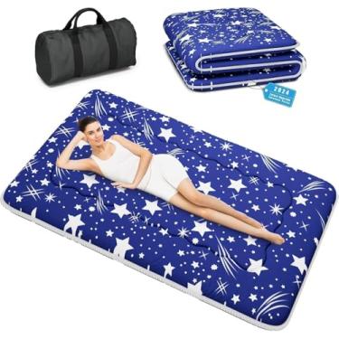 Imagem de Kiseely Colchão Futon Japonês, Tatami Dobrável, Tapete de Dormir Portátil para Alojamento com Saco e Alça, Colchão Grossa para Chão, Colchão de Enrolar para Campismo (Blue WS1, 60"X80")
