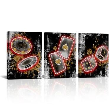 Imagem de Visual Art Decor Baralho arte de parede decoração de sala de jogos pintura menino adolescente decoração de quarto de meninas emoldurado 30 x 40,6 cm x 3 peças (vermelho)