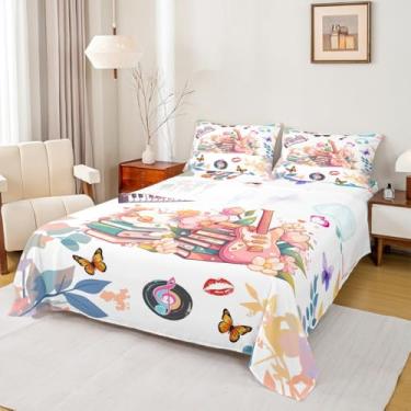 Imagem de Erosebridal Jogo de lençol casal com tema de música, guitarra, borboletas, floral, presente para fãs de cantores, estilo moderno, com desenho de gato, álbum, discos, lençol de cima, lençol com