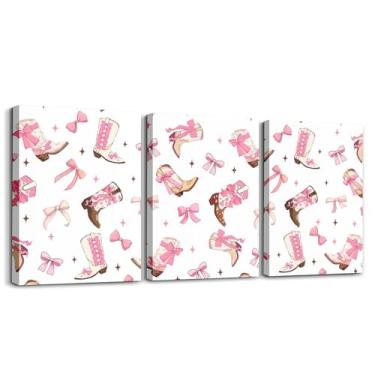 Imagem de jejeloiu Arte de parede em tela com laço para sala de estar quarto 30,5 x 40,6 cm x 3 peças de decoração de parede para meninas e crianças botas de cowboy pintura com laço rosa estrelas impressas