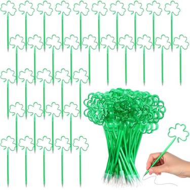 Imagem de Harloon Conjunto de 50 canetas esferográficas de trevo do Dia de São Patrício com tinta de gel verde verde trevo da sorte com ponta fina de 1 mm tinta preta escrita suave para material de escritório