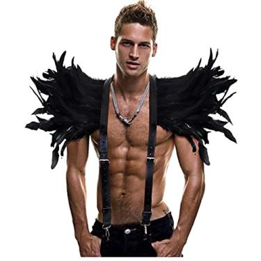 Imagem de L'VOW Men Gothic Natural Real Feather Epaulet Shrug Leather Belt Shoulder Strap for Halloween Costume(S2-Black)