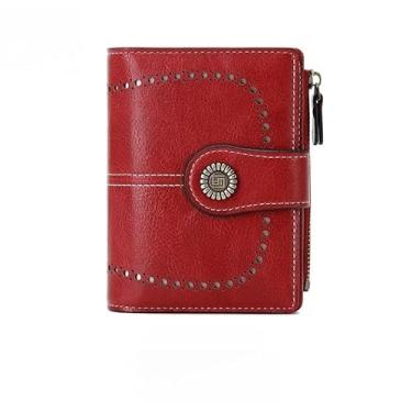 Imagem de Carteira feminina dobrável de couro com bloqueio de RFID com bolso para moedas com zíper, Borgonha, Retrô