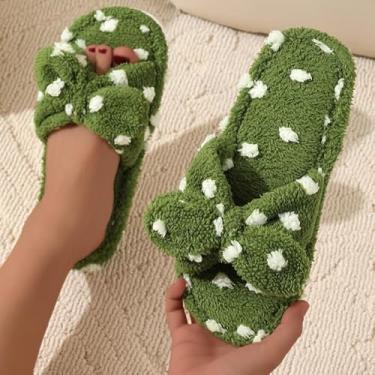 Imagem de Pantufas de pelúcia femininas fofas com bolinhas para uso interno no quarto, Verde, 8-8.5