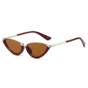 Imagem de Óculos de Sol Femininos Estilo Retrô Olho de Gato Pequeno com Lentes Transparentes Cor Oceano e Proteção UV400, Tendência Punk com Lentes Degradê (Vermelho escuro, Prata e Chá)