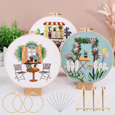 Imagem de Qupace 3 kits de bordado para iniciantes e adultos - Conjunto de artesanato de costura de ponto cruz com 3 argolas de bordado e 3 suportes acabados, kit de bordado com padrão floral (verde)