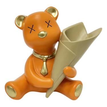 Imagem de KiBcsLic Vaso em forma de urso pequeno, estátua de animal, arranjo de flores, vaso criativo e fofo em resina, estatueta de urso para porta de entrada, presente, Laranja